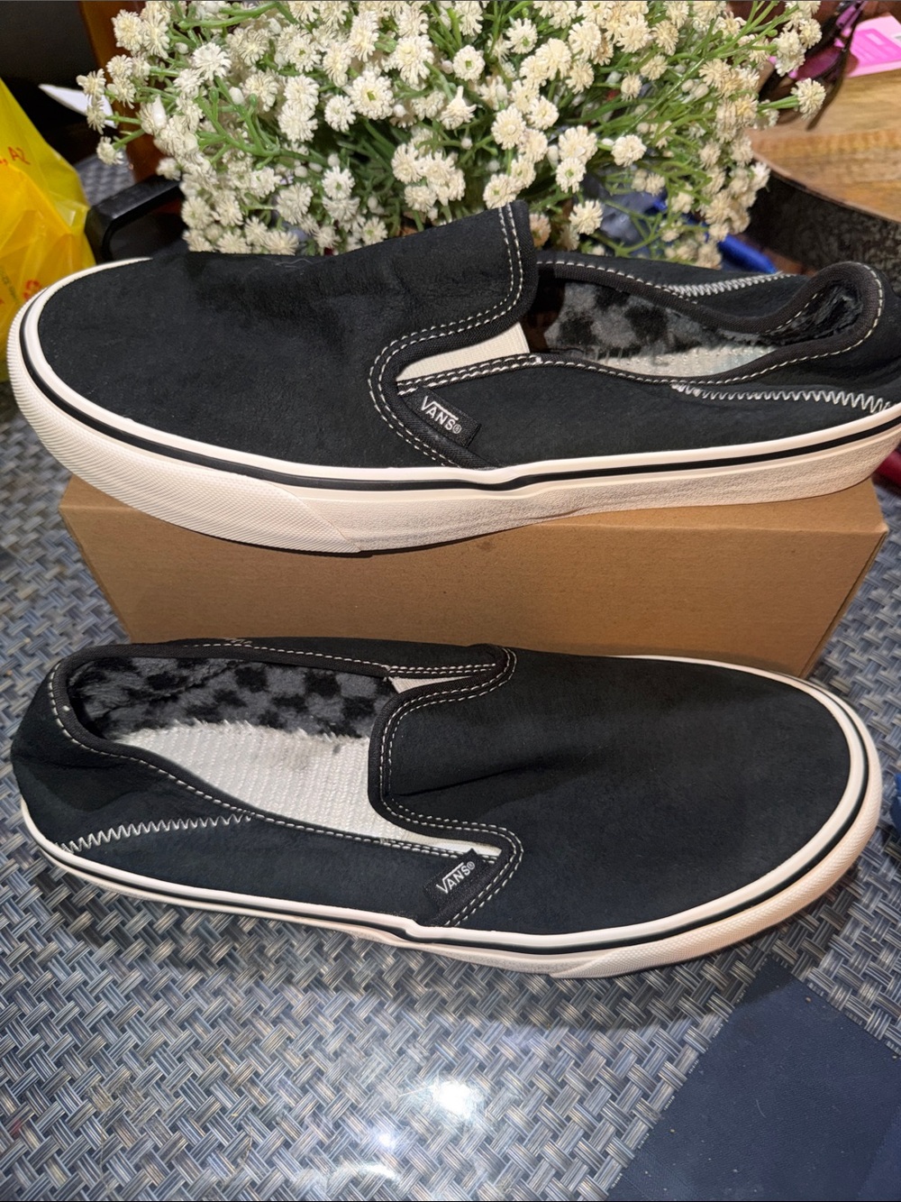 Vans Black Slip-On Loafers with White Sole and Fuzzy Lining